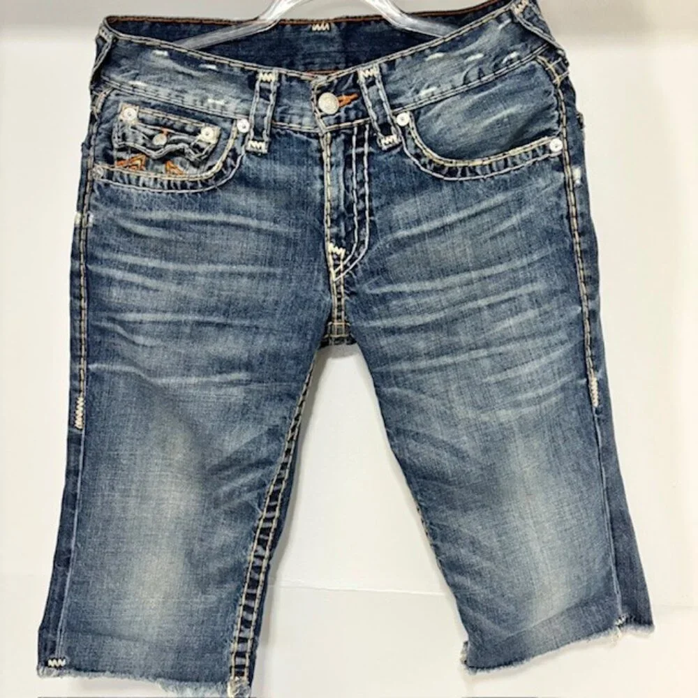 True Religion Cut Off Bermuda Denim Shorts Women's 29 Blue Flap Pocket Raw Hem